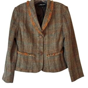 Sag Harbor Women's Tweed Blazer Jacket Rust Fringe Collar‎ Pockets Size 12